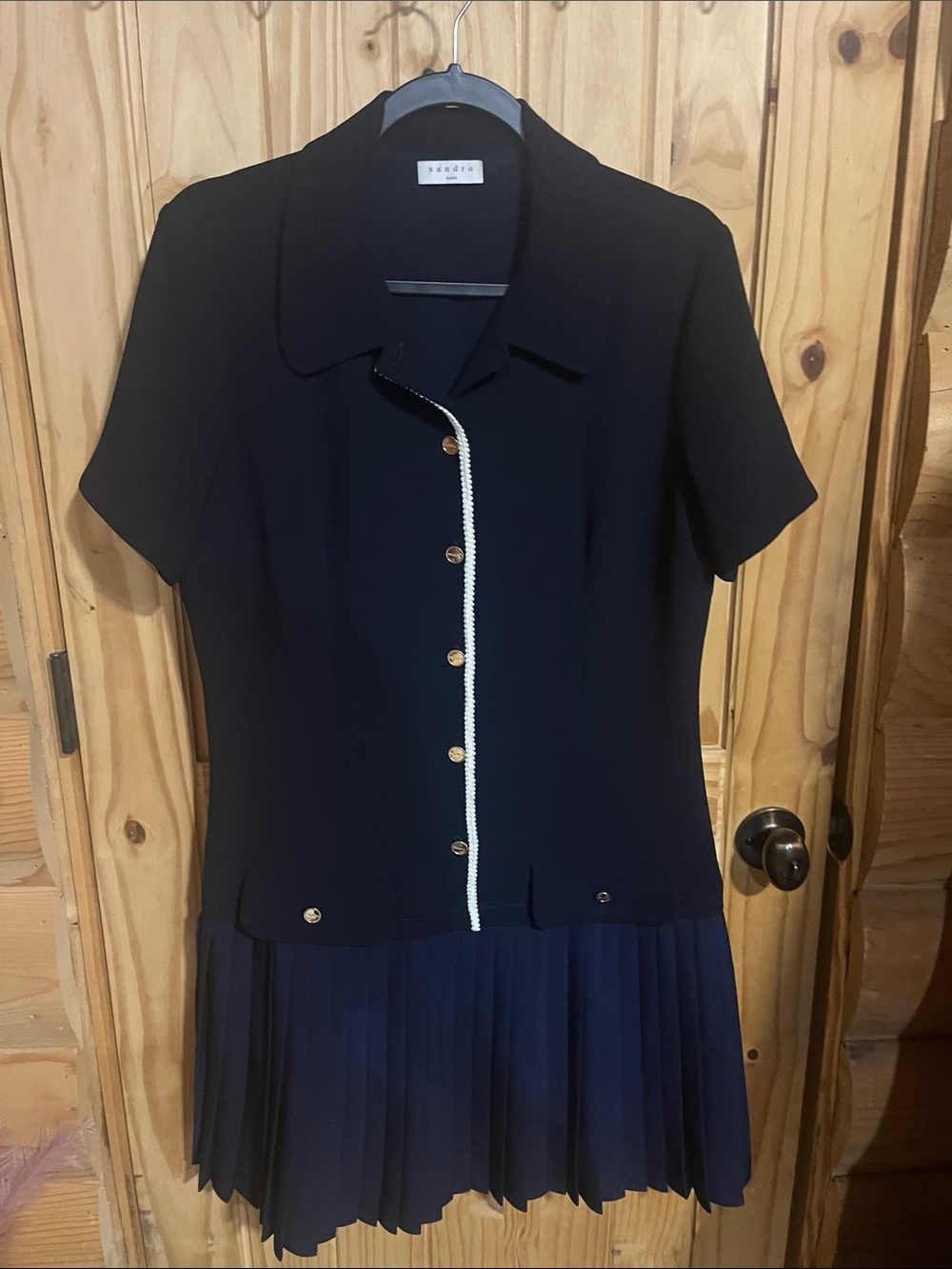 Sandro Alberta Layered Cardigan Navy Dress with White Trim and Gold Buttons - Picture 4 of 4